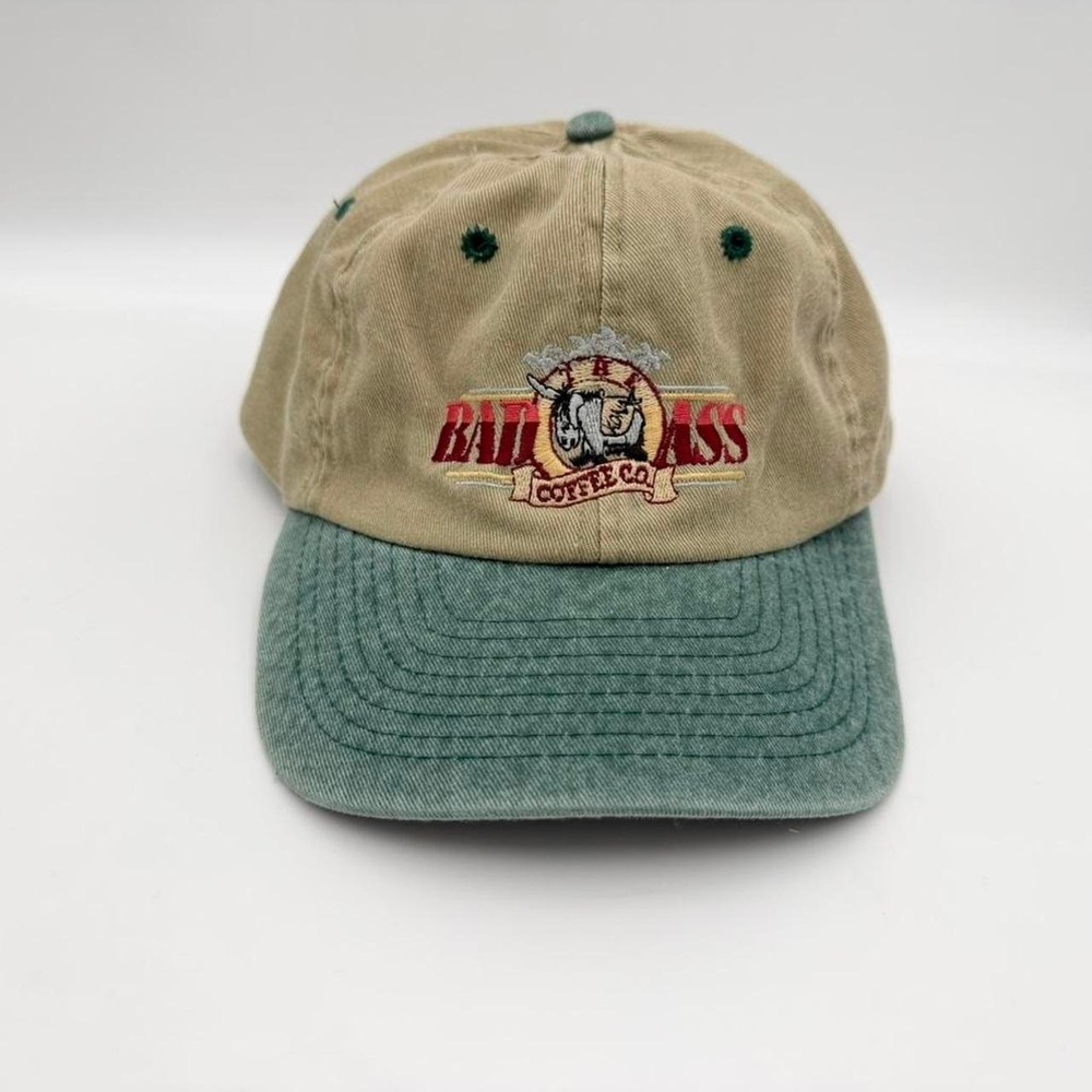 vintage Bad Ass Coffee Co Kona Hawaii tan green strapback dad hat cap